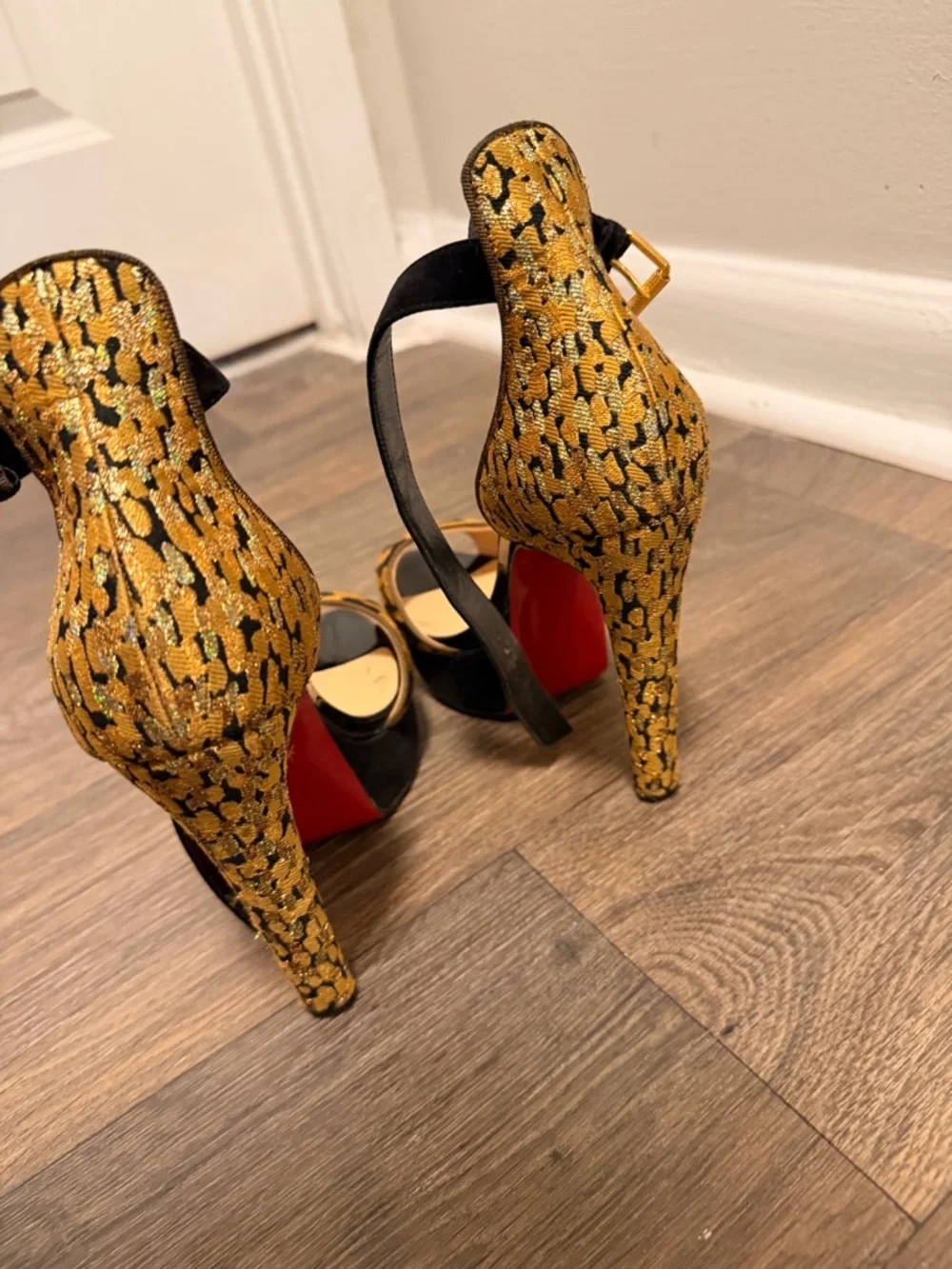 Christian Louboutin Gold and Black Leopard-Print High Heels - Picture 8 of 9